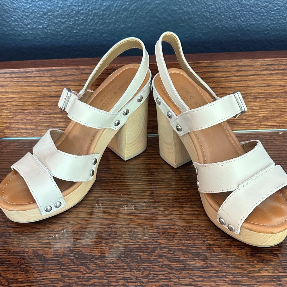 Cream Platform Block Heel Sandals with Stud Detail